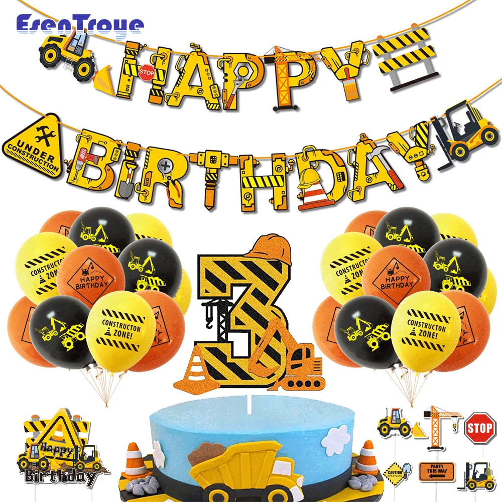 Engineering Party Large Figures Cake Toppers 1234 Cake Decorating Excavator Flagbanner Balloon Construction Birthday Party Decor