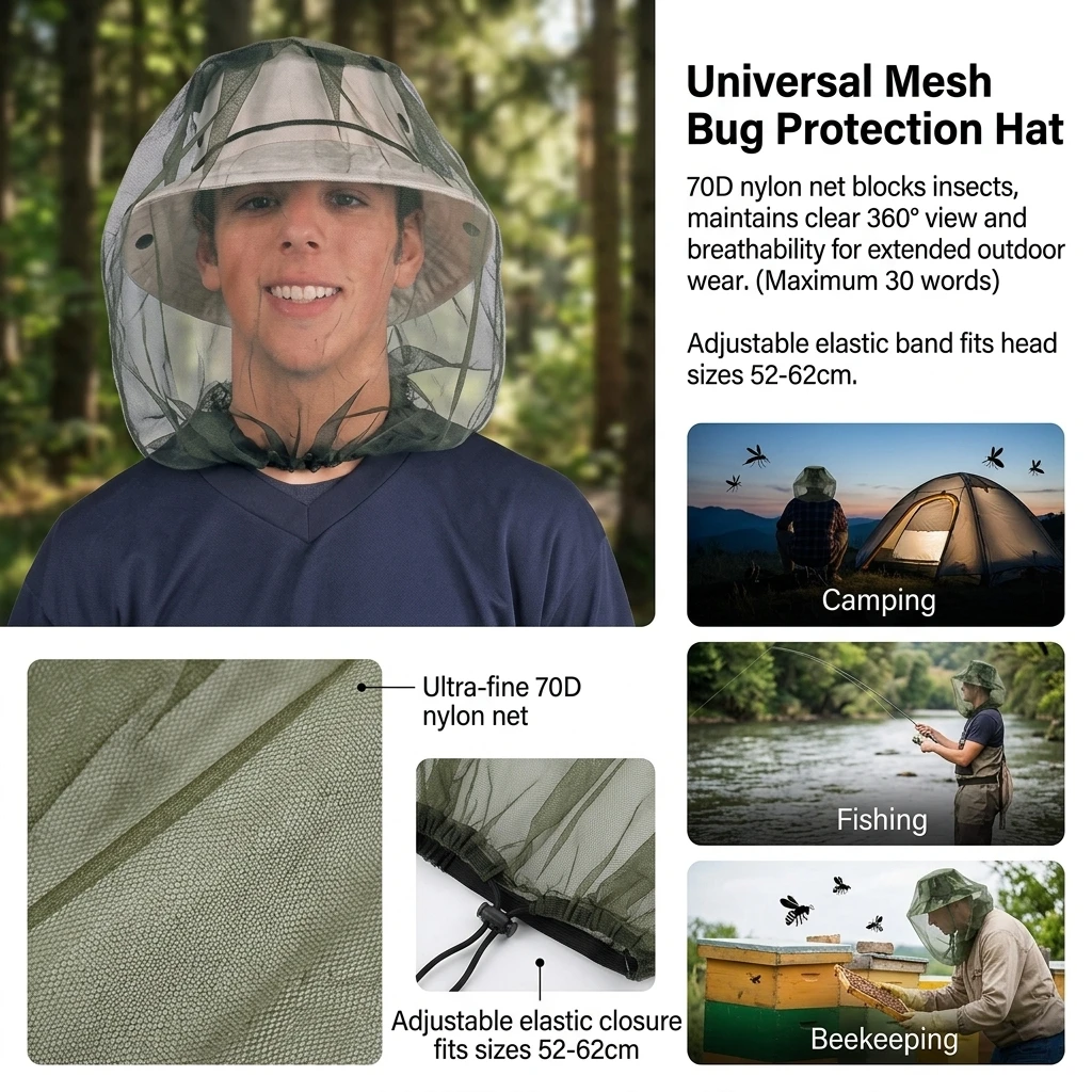 1pc Mosquito Net Hat 70D Nylon Mesh for Camping Fishing Beekeeping Breathable Bug Head Net Face Mask