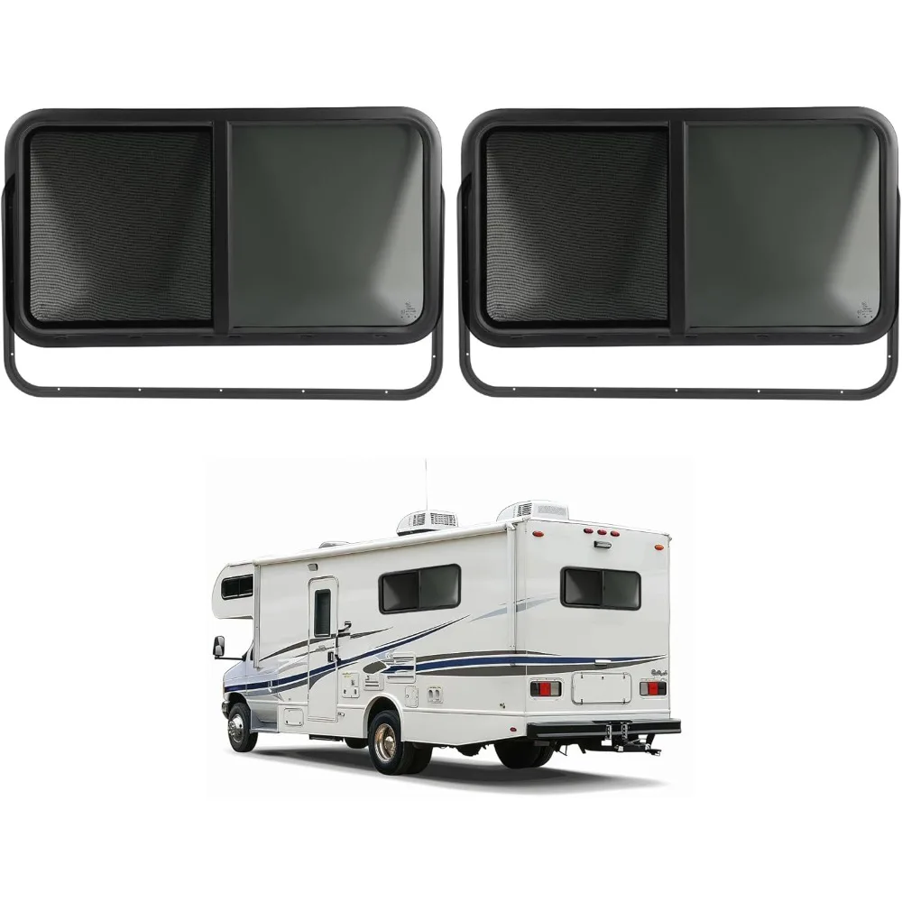 نافذة RV من الزجاج المقوى المنزلق الأفقي مع حواف مطلية بالمسحوق الأسود وشاشة شبكية، مجموعة من 2