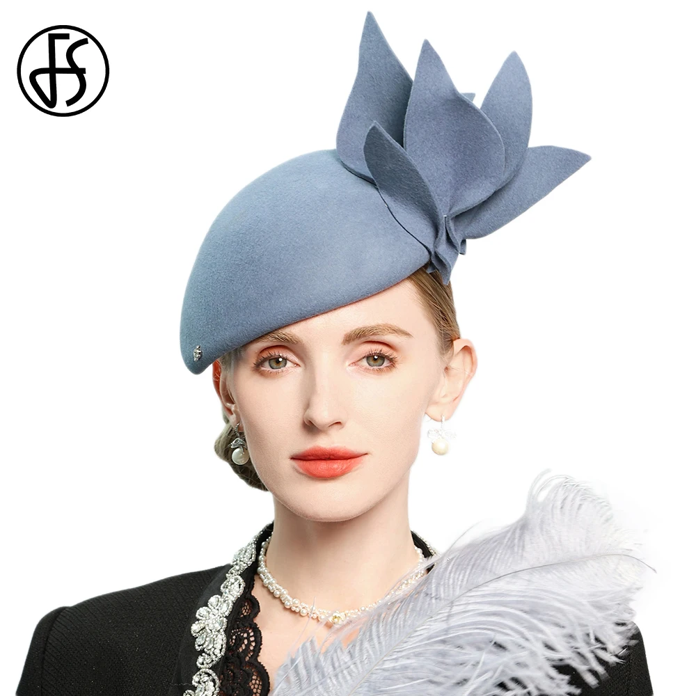 FS 2024 Winter Blue Wool Berets Elegant Church Hats For Women Formal Felt Fedoras Luxury Tea Party Fascinator Hat With Flower