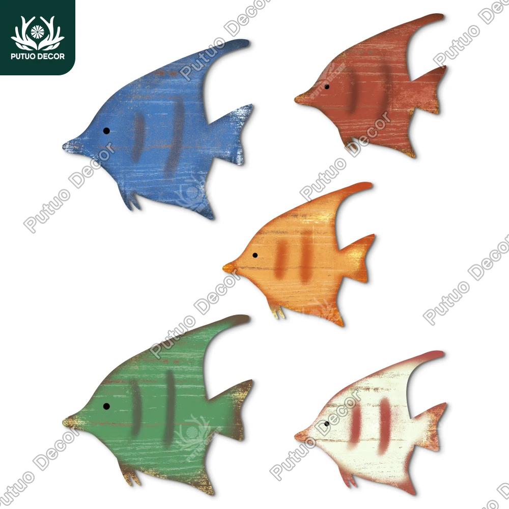 Putuo Decor 5pc Tropical Fish Wooden Wall Decoration, Wooden Signboard Wall Art Decoration, Living Room, Coffee Shop, Yoga Room