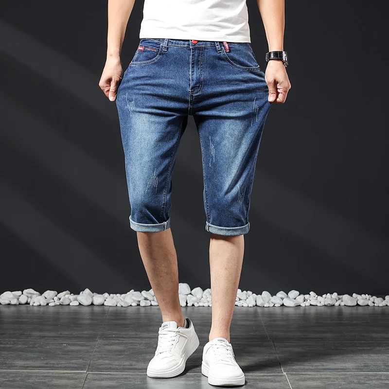 

Mens Short Jeans Summer New Bermuda Casual Stretch Blue Knee Length Cropped Pants Slim Male Denim Shorts