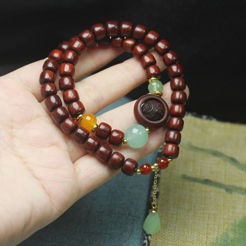

Zambian rosewood vintage-style beads double-layer bracelet with water drop pendant, Buddhist beads, unisex hand accessory