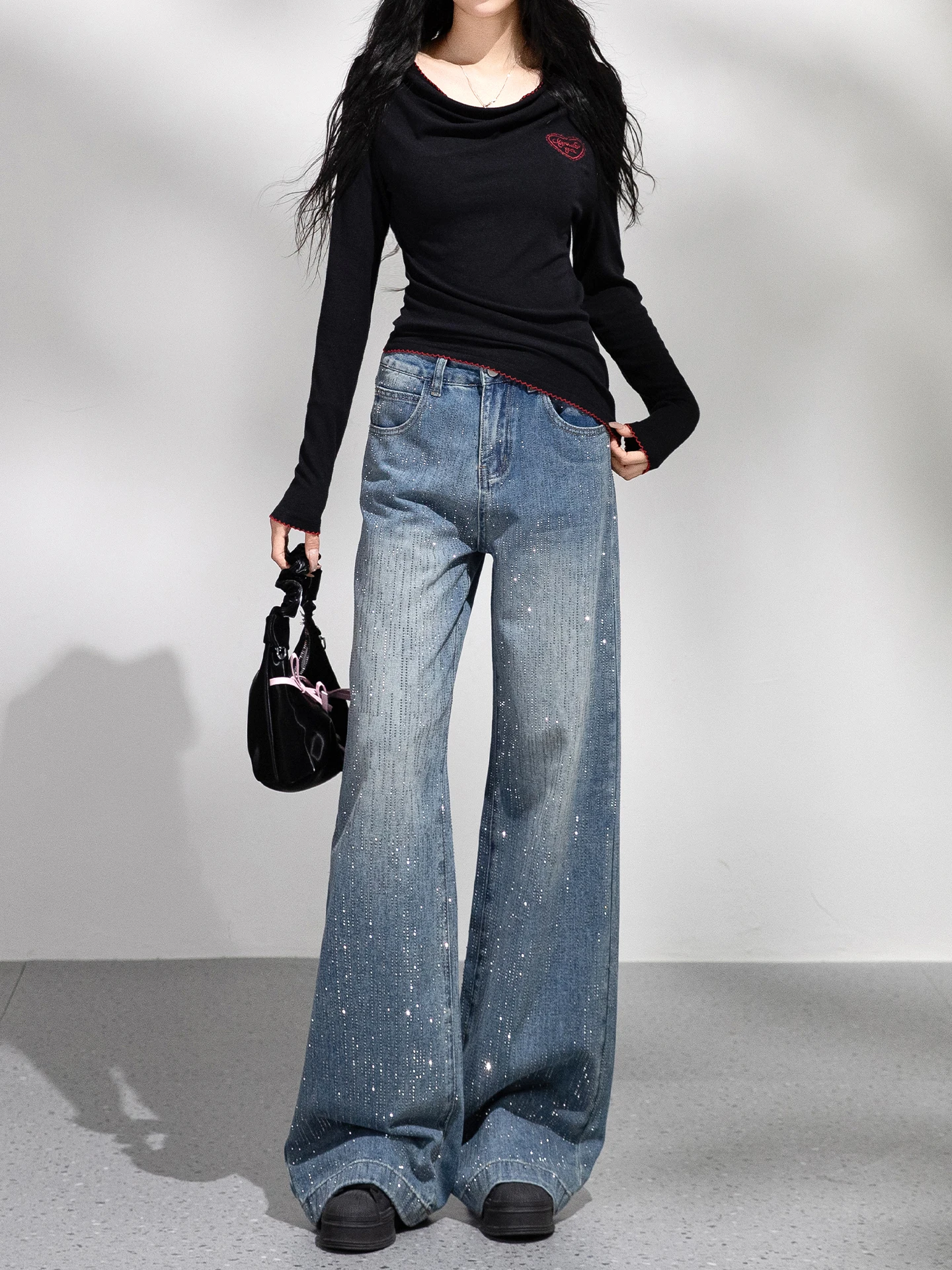 

Parisian Glittering Rhinestone Jeans Women's Winter 2025 New Small Size Sparkling High Waist Loose Straight Leg Pants