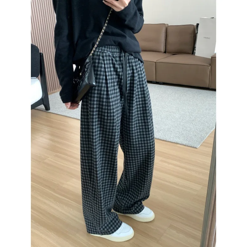 

Black Grey Plaid Straight Leg Pants For Women Spring/summer Loose Thin Elastic Waist Pants
