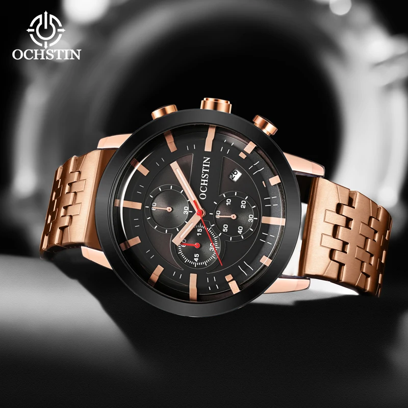 OCHSTIN Men Outdoor Pilot Multifunctional Quartz Wristwatch Solid Steel Strap Waterproof Daily Watch Male Outdoor Fashion Clock