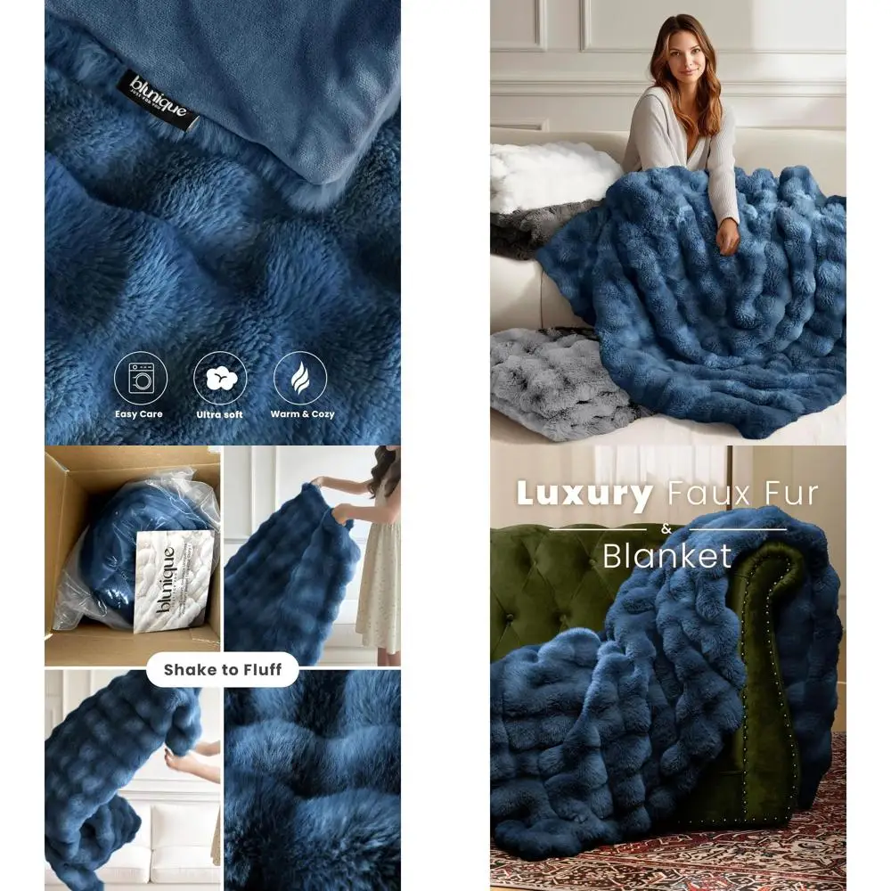 

Luxurious Oversized Cozy Faux Fur Blanket, Plush Fluffy Throw, 60x80, Ideal for Couch, Bed, Living Room, Blue