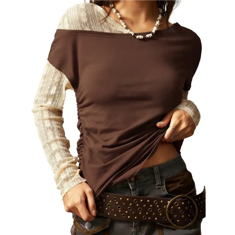 

CYL-Women Lace Long Sleeve Shirt Top Y2K Slim Fit Top Lace V Cut Top Tee Club Streetwear