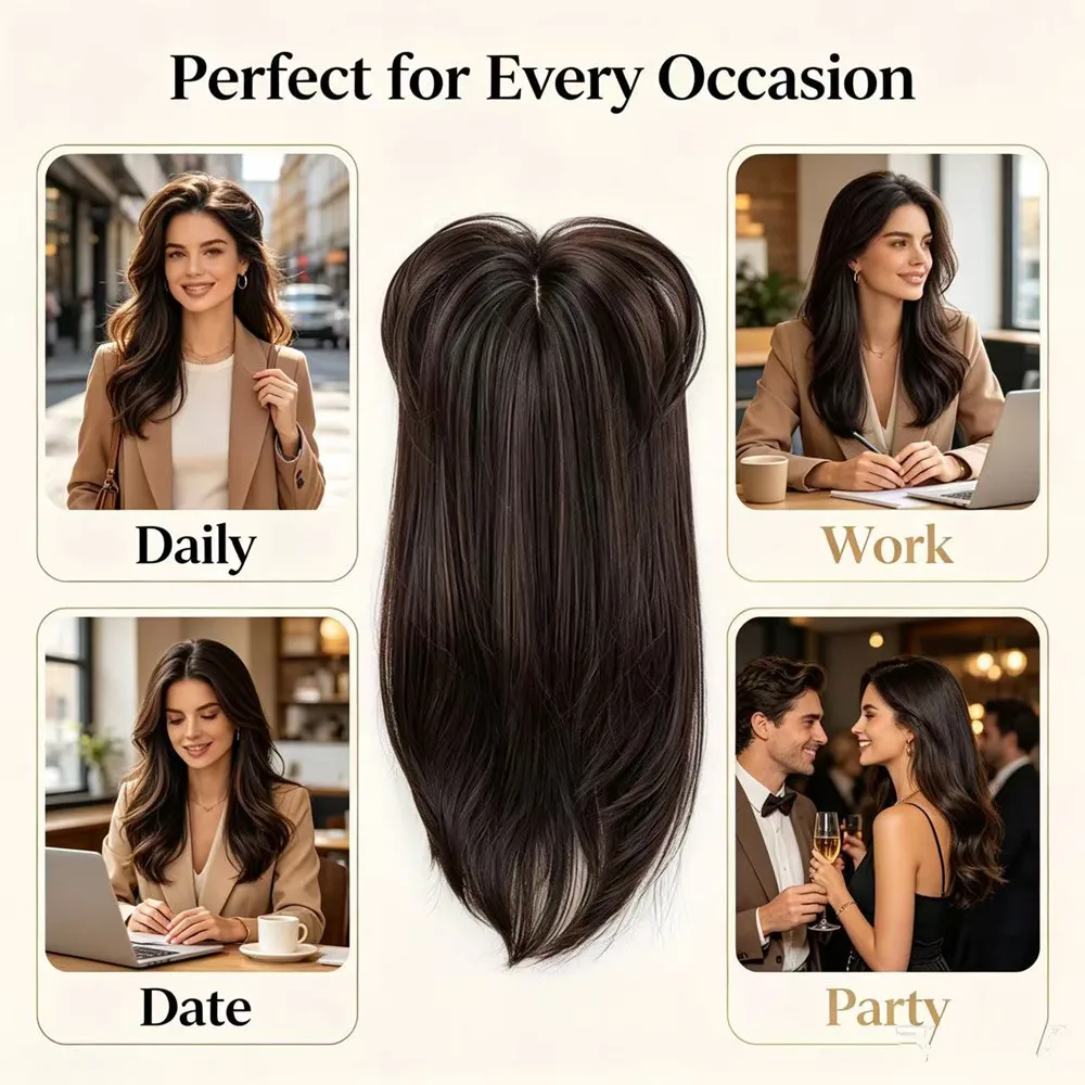 Women Synthetic Hair Topper 8‑Shape Bangs Long Straight Clip In Hairpiece Invisible Cover Gray Hair Top Hair Extension