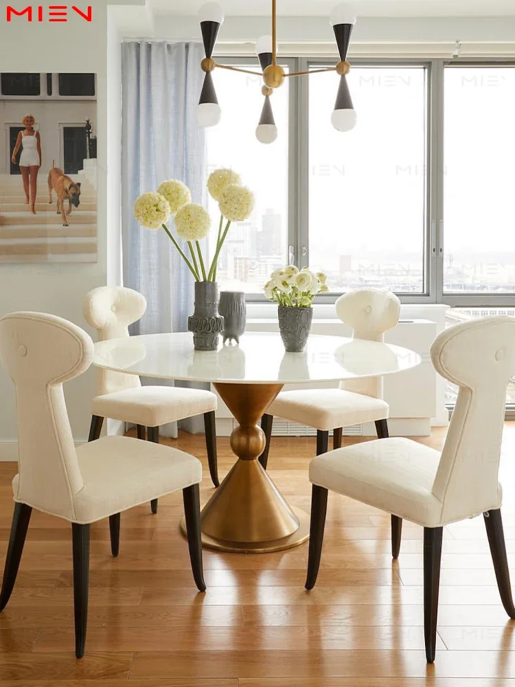 Light Luxury Stainless Steel round Dining Table Natural Jazz White Marble Table Home Living Room Dining Table with Turntable