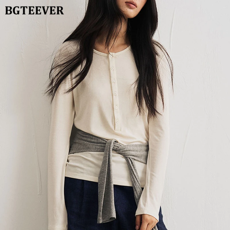 

Женская базовая рубашка BGTEEVER из шелка и шерсти с круглым вырезом на пуговицах, облегающий трикотаж, однотонная, в полоску, с длинным рукавом, весенняя коллекция