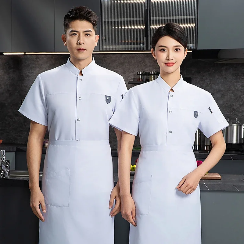 Tablier d'uniforme de chef avec logo pour homme, veste à manches courtes, manteau de chef respirant, vêtements de travail noirs, objectifs de chef, cuisine de restaurant, été