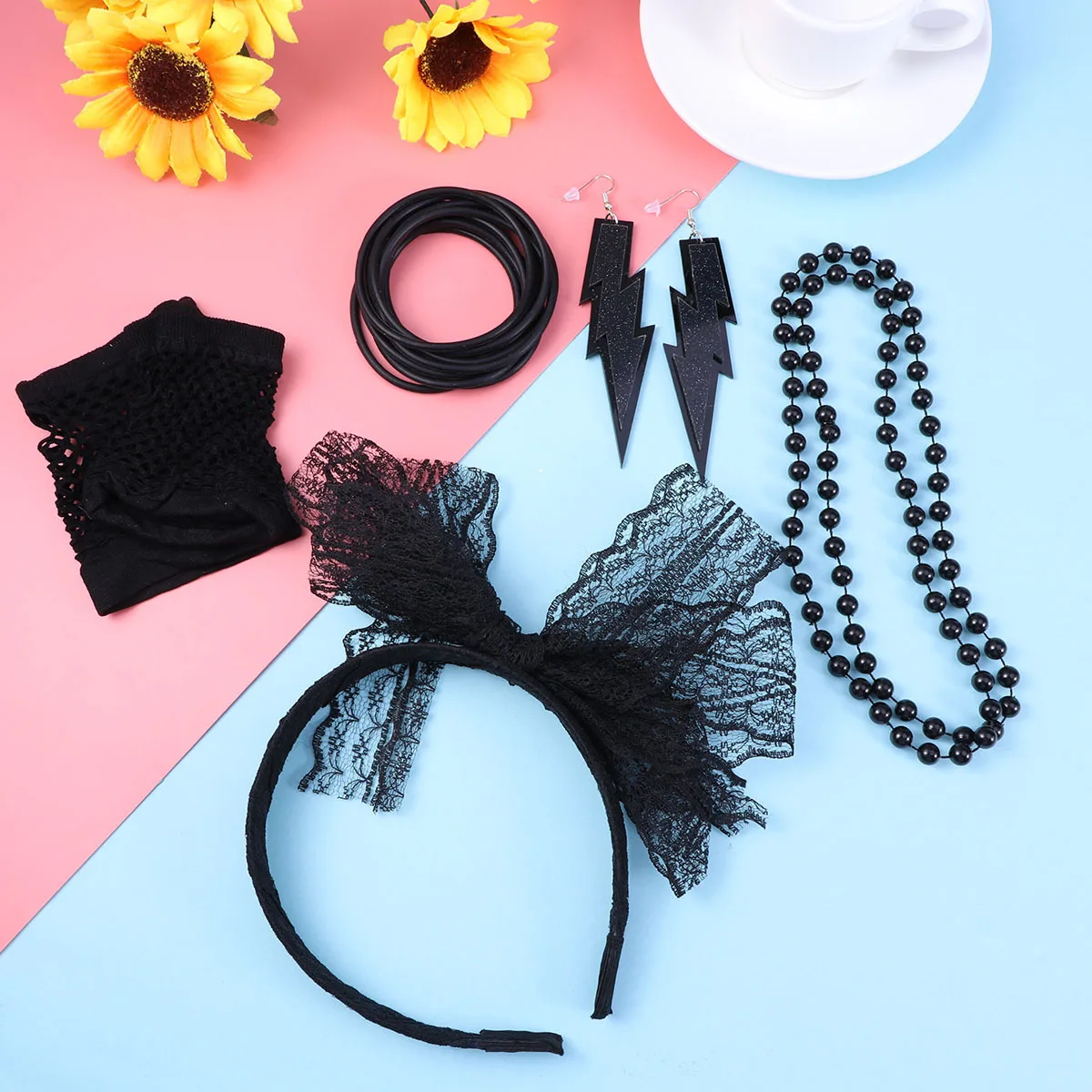 5-Piece 80S زي الاكسسوارات مجموعة أساور ملونة قلادة أقراط الدانتيل عقال شبكة صيد السمك قفازات فستان الحفلات يتوهم 80S #1