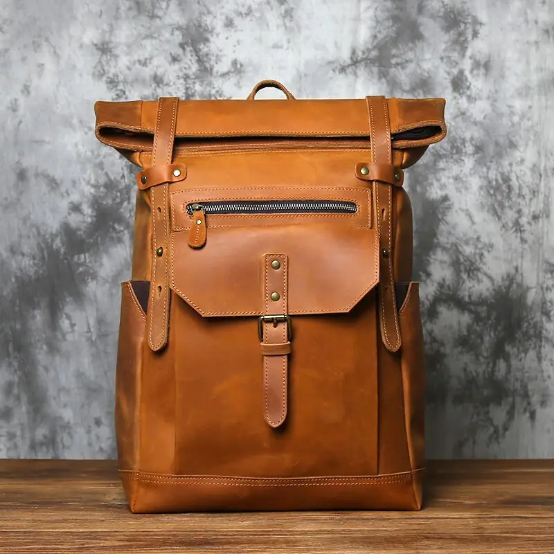 NZPJ Vintage-Rucksack aus echtem Leder für Herren, Crazy Horse-Leder, Computertasche, natürliche Oberschicht aus Rindsleder, Rucksack, Reisetasche – Detail 21