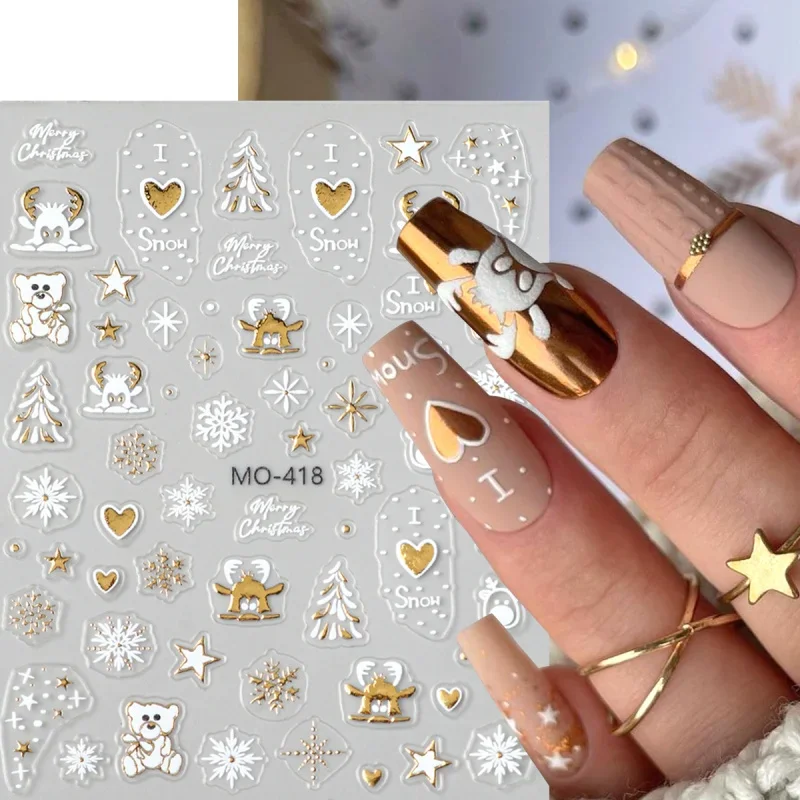 골드 크리스마스 네일 아트 스티커 Y2K 브론징 크리스마스 트리 눈송이 눈사람 별 슬라이더 만화 사슴 곰 새해 매니큐어 데칼