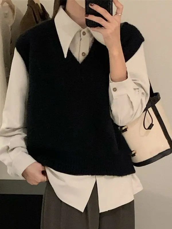 Women V-Neck Knit Office Sweater Vest Loose Casual Pullovers Vest Bottoming Solid Sweater Vest For Women 2024 Fall Winter