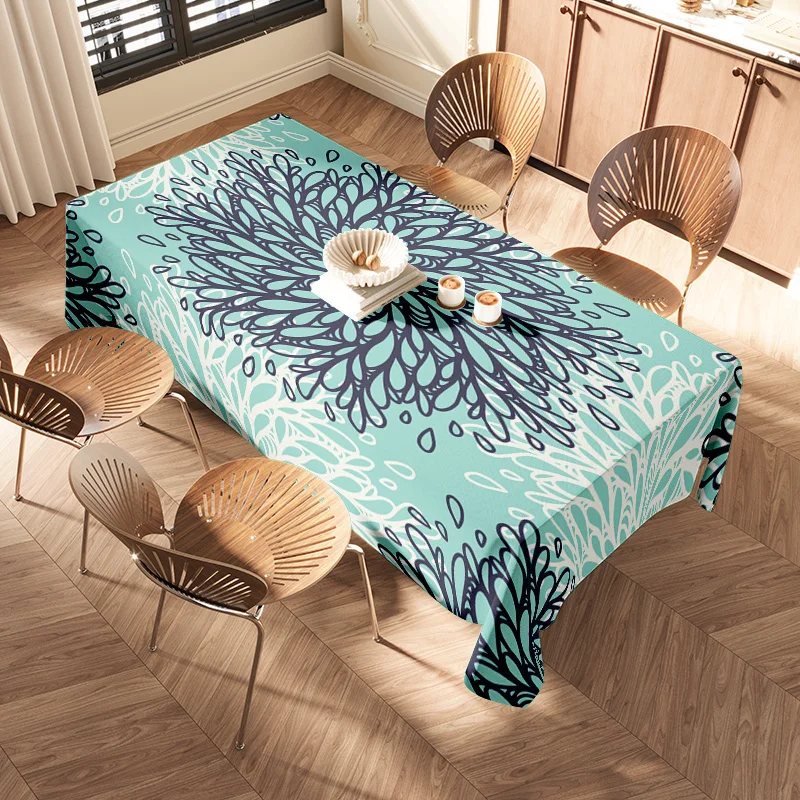 Modern Floral Tablecloth: Green Black Printed Decorative Table Cover for Home Dining Room Decoration Size 150x230cm (Blue)