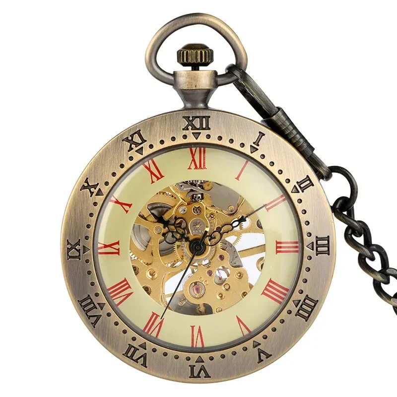 البرونزية الأرقام الرومانية عرض للجنسين Handwinding الميكانيكية ساعة الجيب سلسلة بدلاية الهيكل العظمي ساعة للرجال النساء هدية Reloj