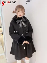 Winter Warm Coats New Japanese Style Casual Coats and Jackets Women Sweet Cute Bow Fur Collar Thick Wool Coat for Women