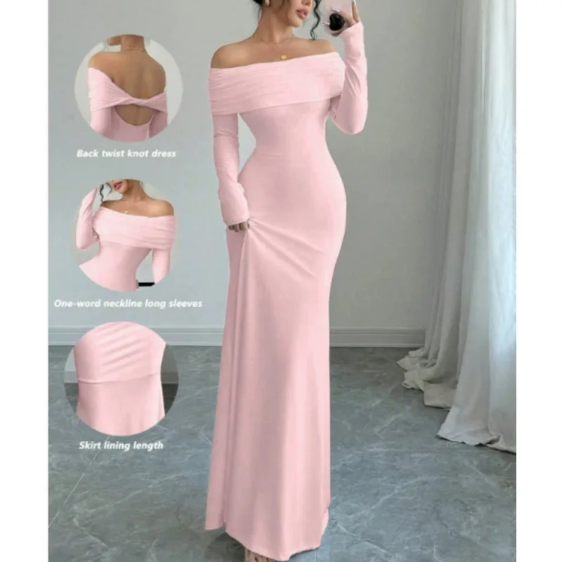Vestido de noche clásico personalizado de Jersey rosa, vestido de fiesta con espalda abierta y espalda descubierta de manga larga sin tirantes de alta calidad
