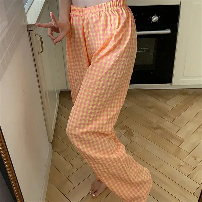 Oversized Plaid Pants Wide Leg Pant for Women Casual Loose Elastic High Waist Trousers Harajuku Female Home Clothing sweatpants