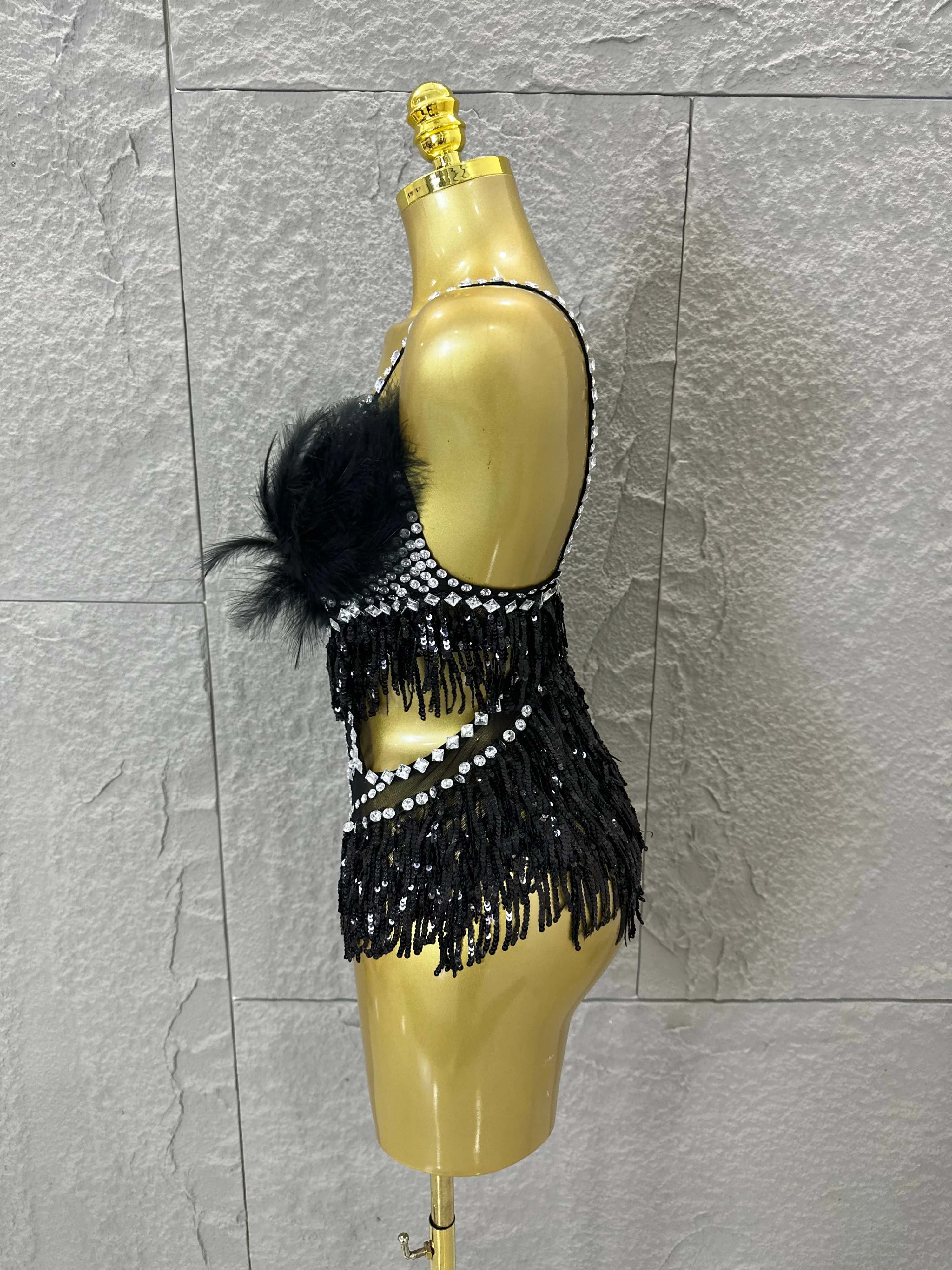 Luxurious Sheer Mesh Bodysuit Women Sexy Crystal Embellished Feather Fringe Trim Spaghetti Strap Outfit Stage Performance Outfit