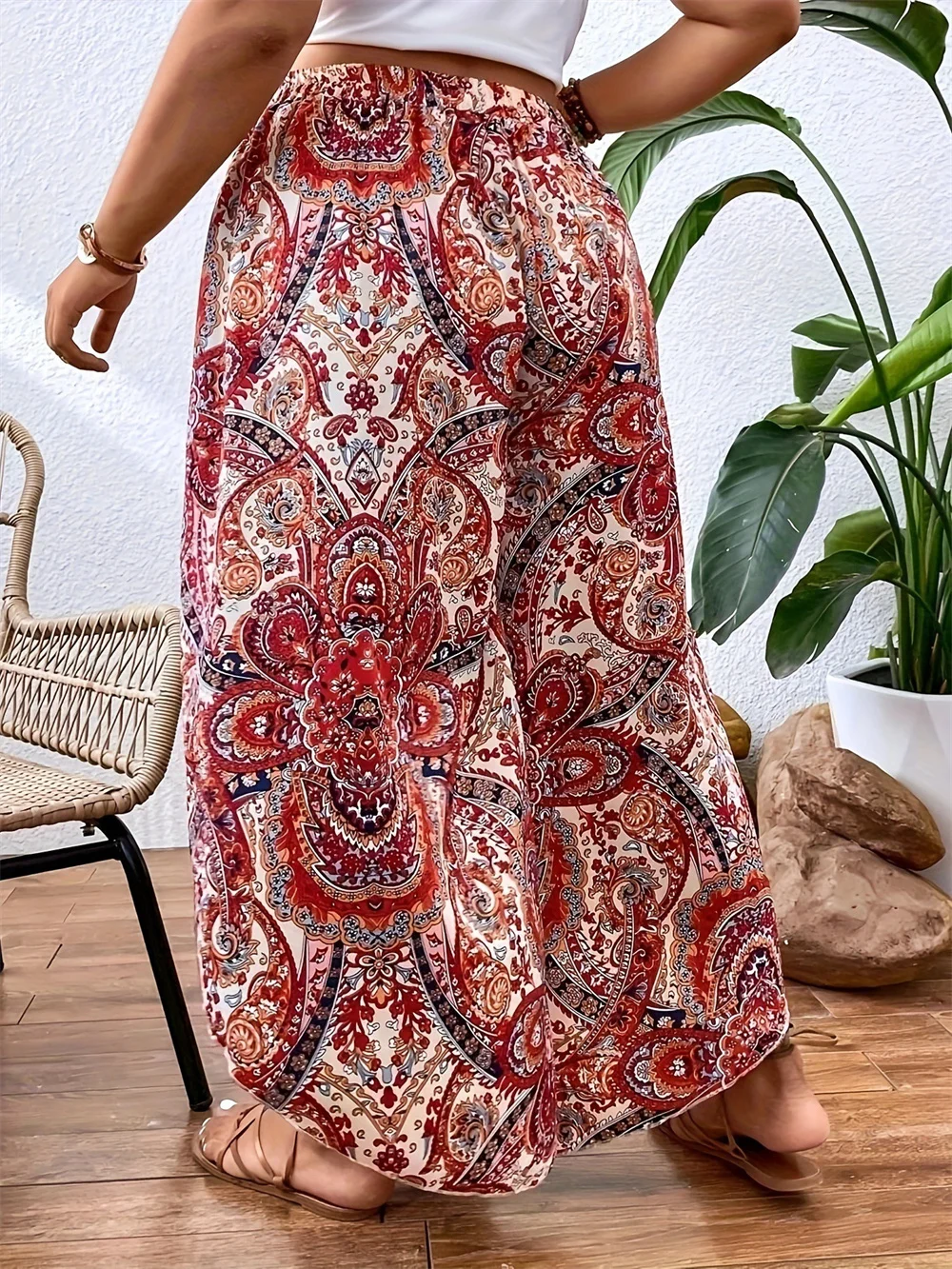 GIBSIE Plus Size Women's Tie Front High Waist Bohemian Vacation Trousers Summer Beach Style Paisley Print Slit Wide Leg Pants