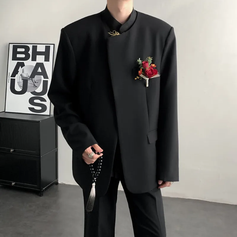 WVGA 2026 Spring Summer New Men Chinese Style Collarless Trendy Long Sleeve Blazer Niche Chic Casual Suit Jackets Ins Y2K W19613