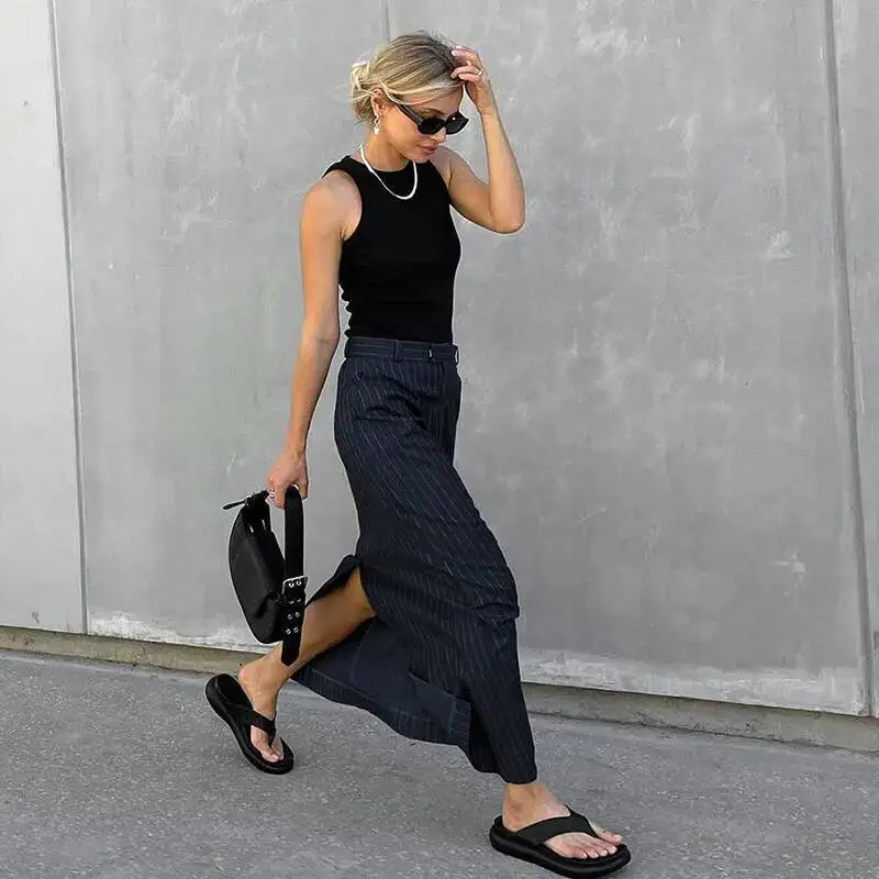 

Новая официальная офисная женская длинная юбка, модная полосатая прямая женская юбка с высокой талией и разрезом, уличная винтажная макси-юбка