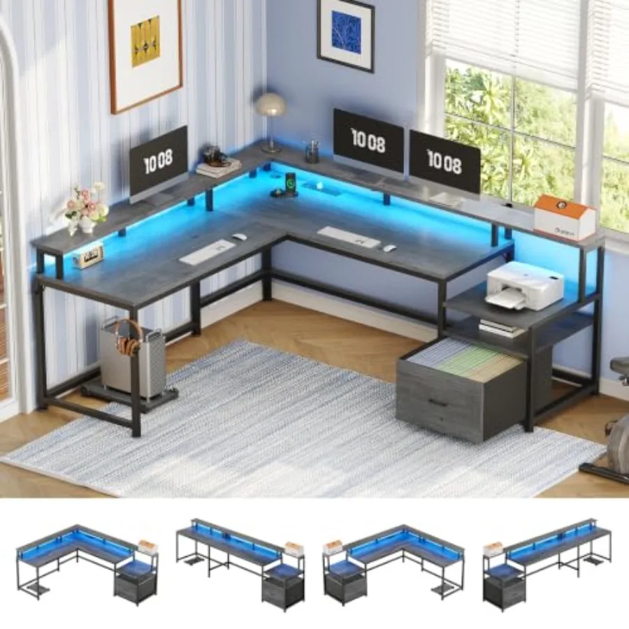 66 Reversible L Shaped Computer Desk with Power Outlet, File Drawer for Home Office Engineered Wood, White Scratch-Resistant Su