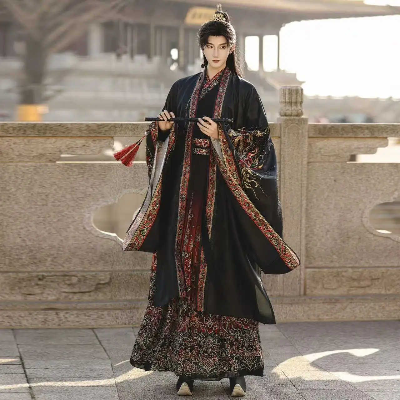 

Vintage Wuxia Martial Hanfu Men Women Traditional Chinese Black Red Printing Clothing Beach Carnival Cosplay Costume Stage COS