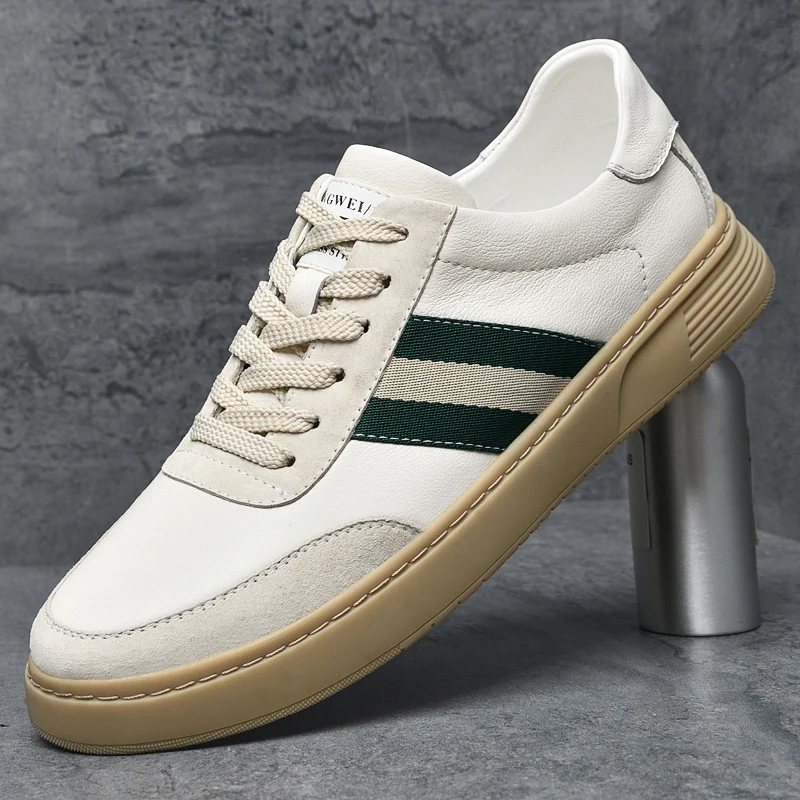 

2025 Men's New Autumn Leather Panel Sneakers - Breathable White Shoes for Casual & Sporty Wear