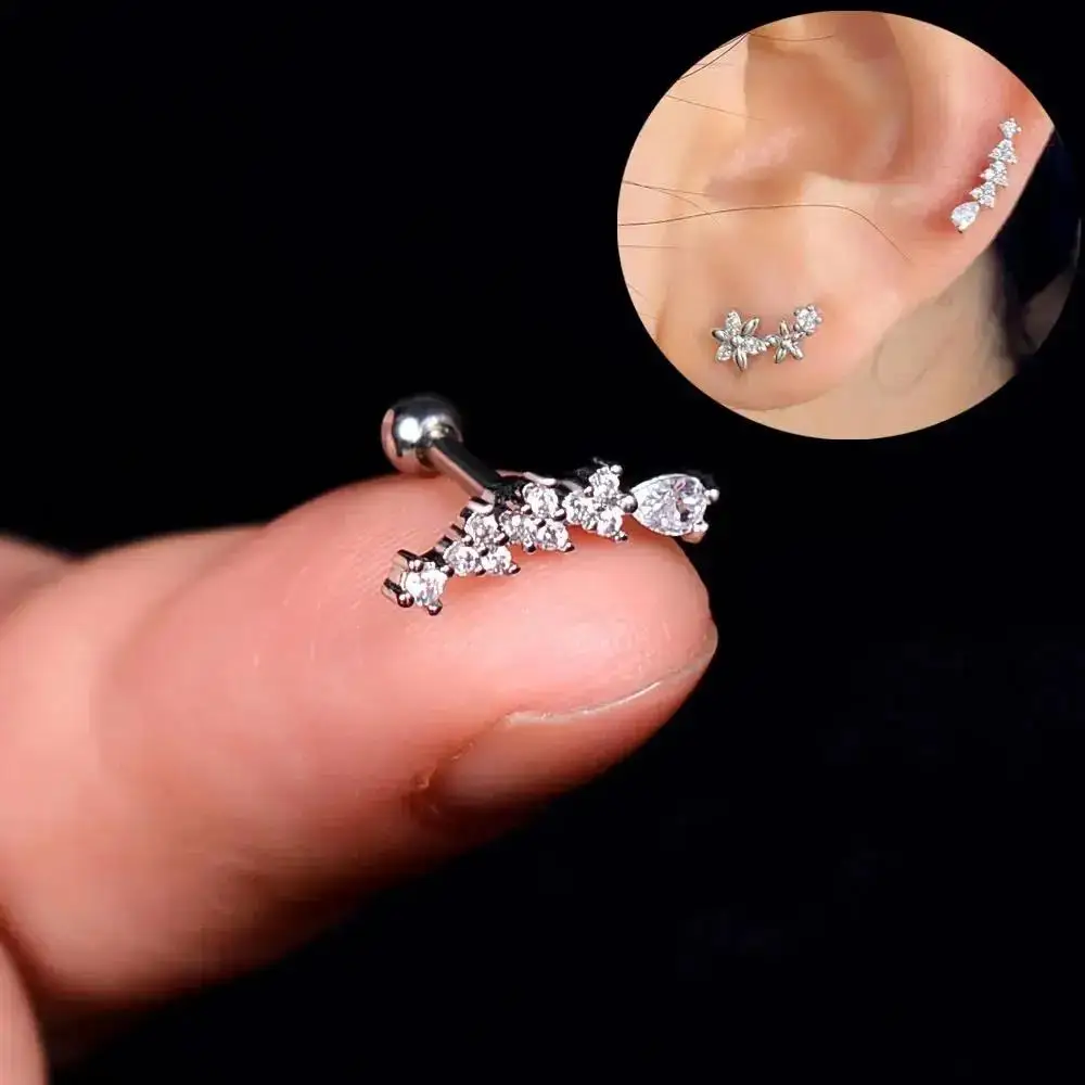 1PC Stainless Steel CZ Tiny Piercing Stud Earring Geometry Flower Leaf  Helix Tragus Lobe Earring Cartilage Piercing Ear Jewelry