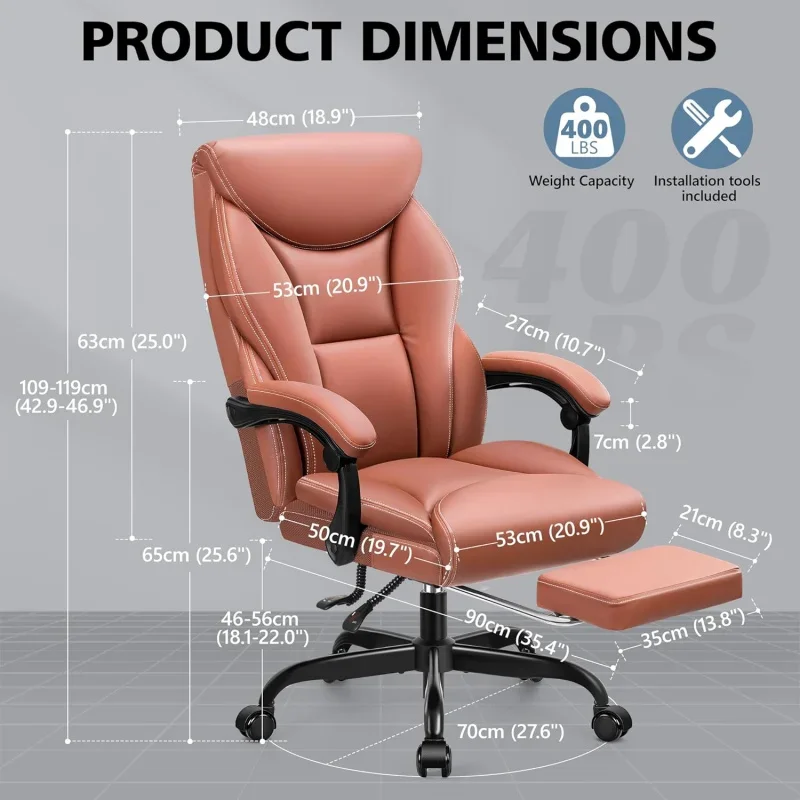 Big and Tall Ergonomic Office Desk Chair Comfy, PU Leather Home , HighBack Reclining Computer  with Footr