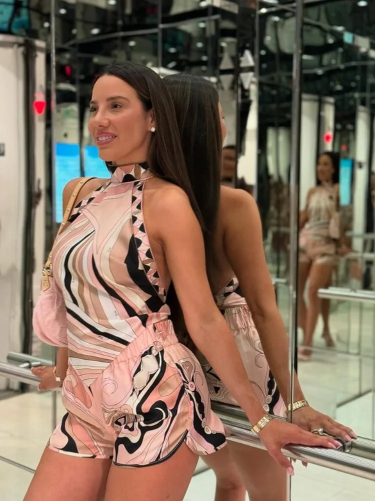 

Chic Print Skirt 2 Piece Set Women Lace Up Sleeveless Backless Halter Vest Low Waist Irregular Skirts New Summer Party Outfits