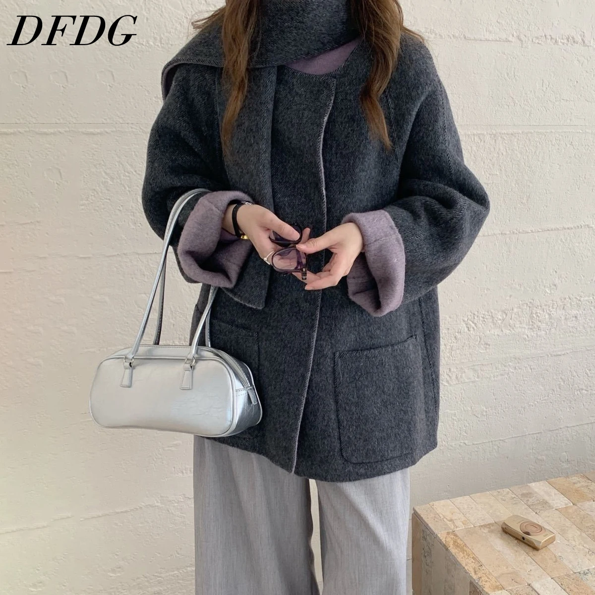 

DFDG Women’s Color Block Double-Faced Cashmere Trench Coat Elegant Fall Retro Chic Winter Luxury Wool Coat with Scarf Round Neck