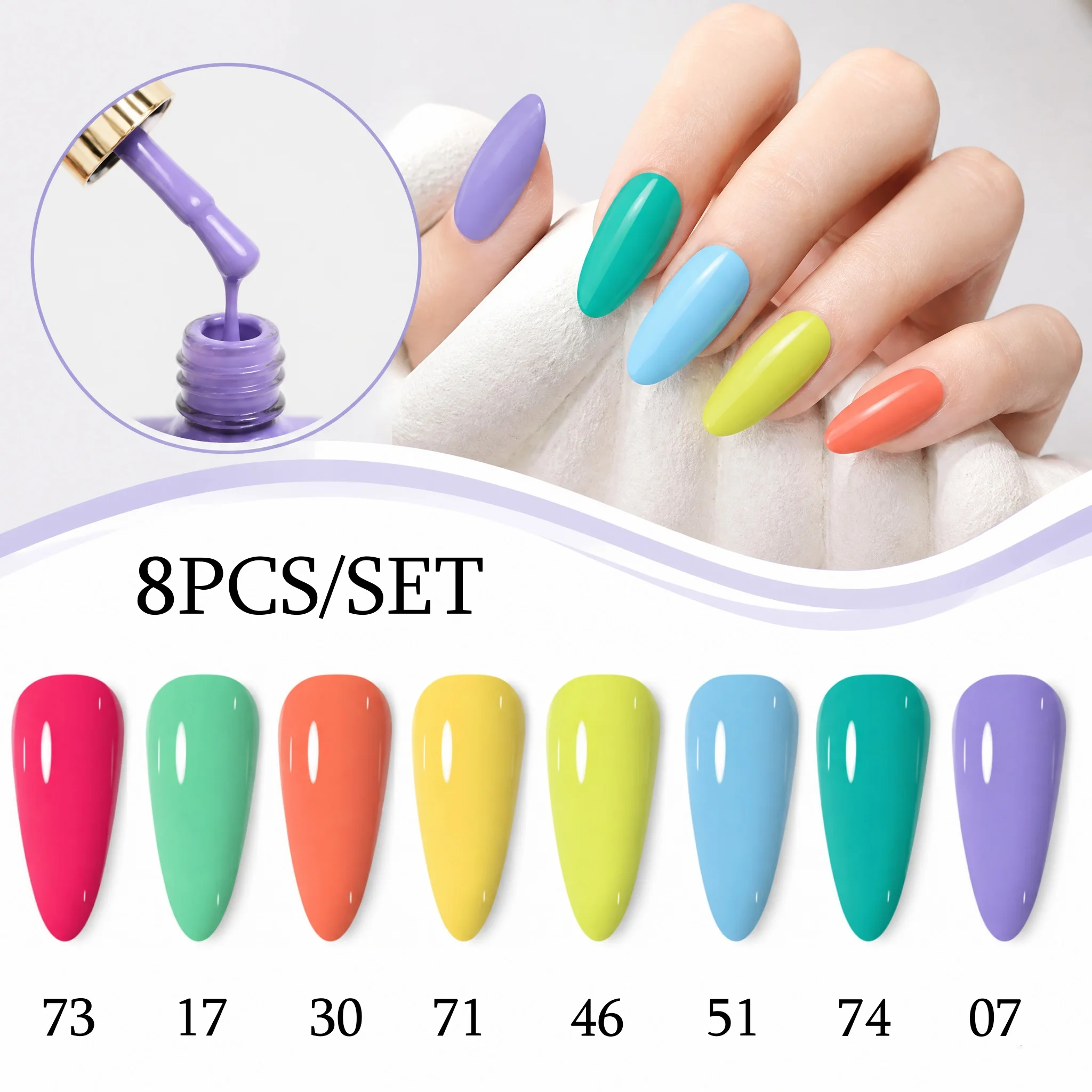 Hassleless 8Pcs Vibrant Colorful Nail Polish Set, Including Rose Red, Mint Green, Orange Yellow, Light Blue, and Light Purple in Rich Candy Color Tones, with Fresh and Full Colors, Allowing for Free Combination for DIY Creative Nail Art