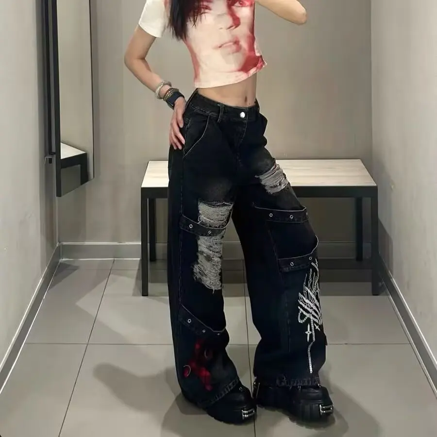 Black Ripped Wide-Leg Denim Pants for Women Fall 2025 New Arrival High-Waisted Slimming Loose Floor-Length Jeans