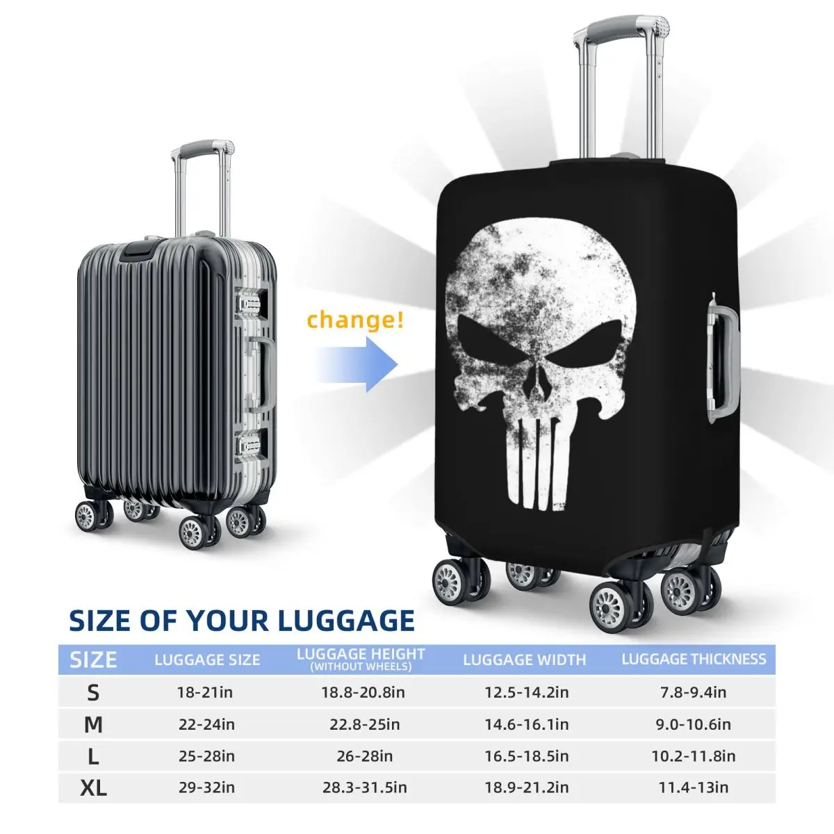 Custom Vintage Punisher Skeleton Skull Travel Luggage Cover Dust Proof Suitcase Cover Protector Fit 18-32 Inch