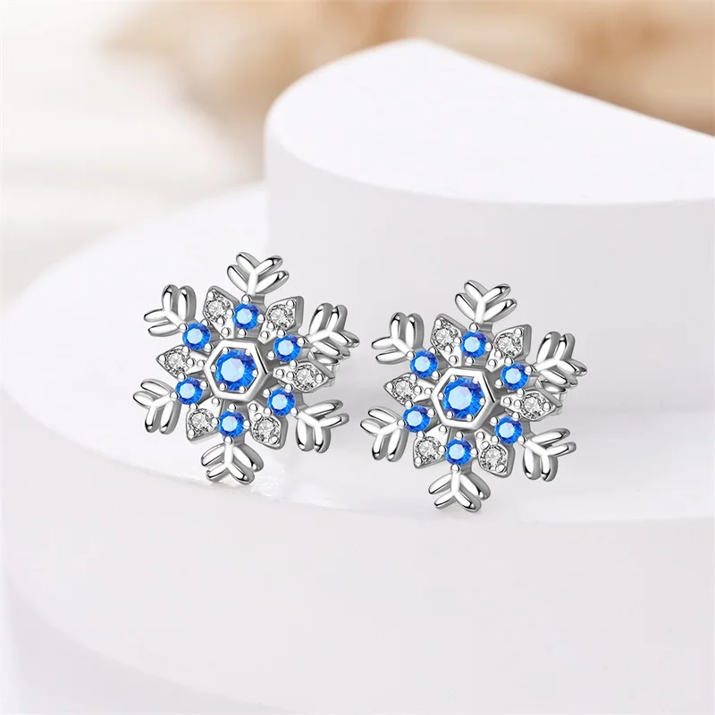 925 Sterling Silver Hoop Earrings Winter Romantic Blue Snowflake Earrings For Women Fine Birthday Jewelry Gifts
