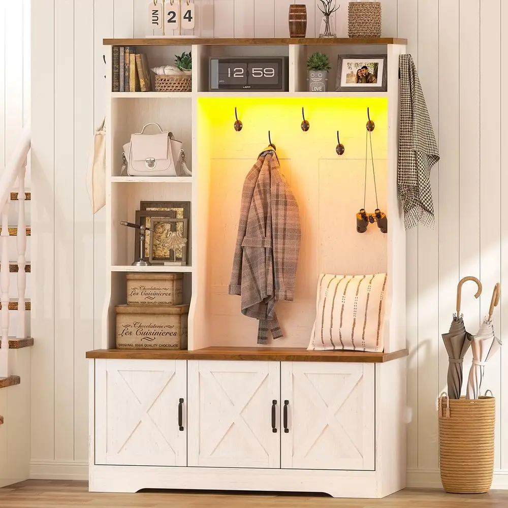 

Hall Tree with Bench and Shoe Storage, Entryway Bench with Coat Racks and LED Lights, Tall Hall Tree with 7 Coat Hooks, 6 Storag