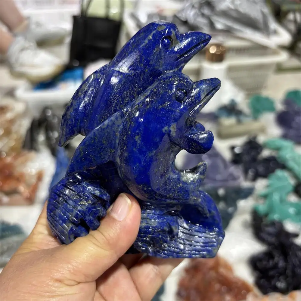 1PCS Natural Quartz & Lapis Lazuli Twin Dolphin Carving Polished Reiki Healing Fengshui Energy Room Decor High-Quality Gift