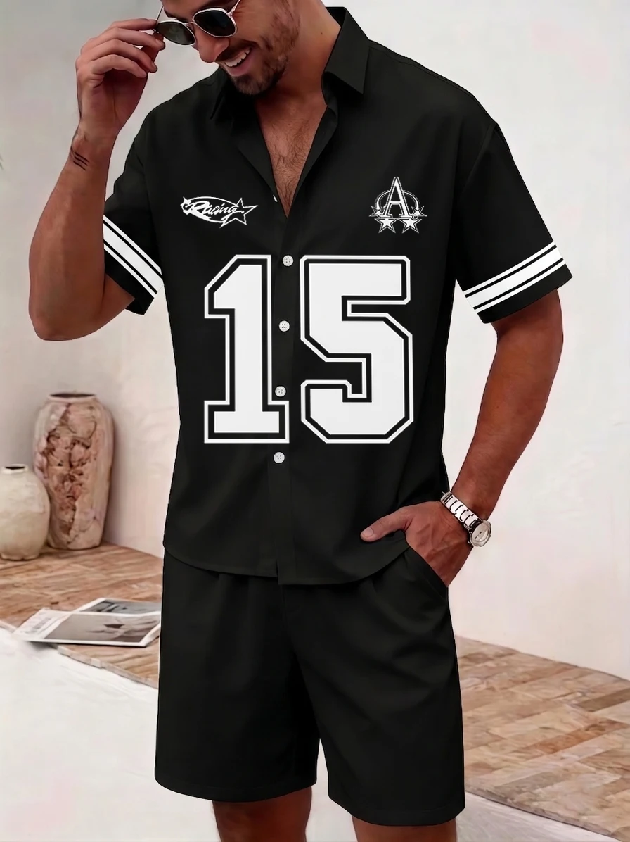 

Men's Black Sports Henry Short Sleeve Set New Breathable Comfortable Versatile Shirt Shorts Two-Piece Set
