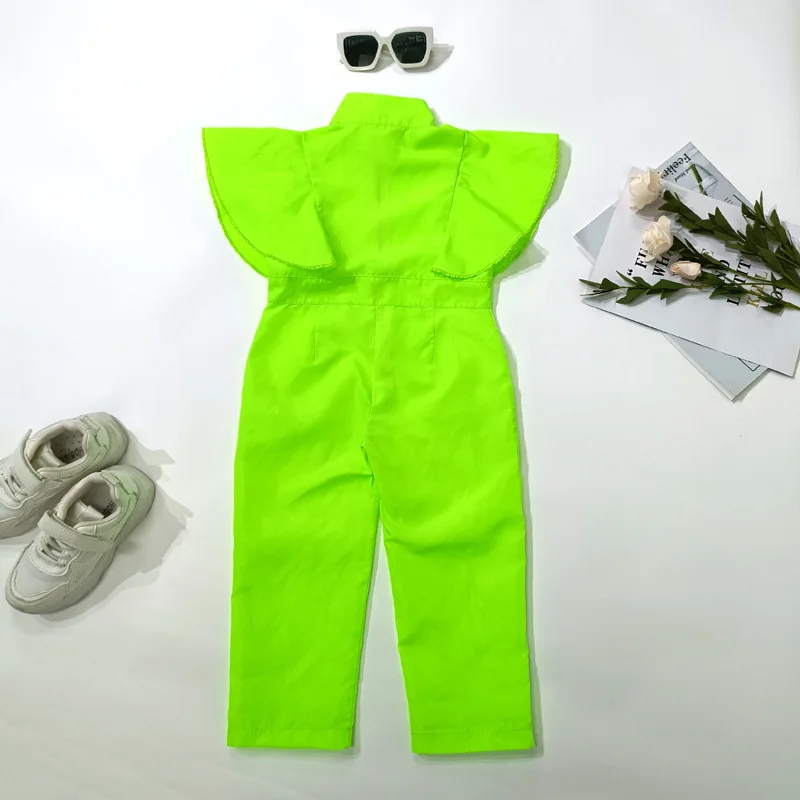 Summer Kids Girl Dance Jumpsuits Fly Sleeve Playsuits Clothes Green Children\'s Girls Overalls Baby Zipper Romper Party Clothing