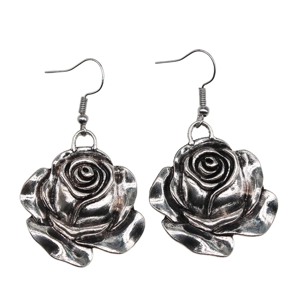 Fashion Handmade Antique Silver Color Rose Pendant Earrings Dropshipping Drop Earrings