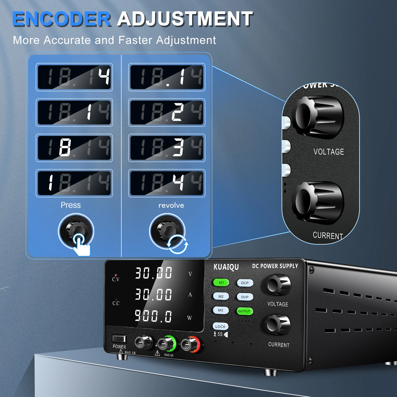 KUAIQU High Power Adjustable Switching DC Power Supply 30V 30A ,OVP OCP Protection,USB Port PC Control Software for Lab & Testin