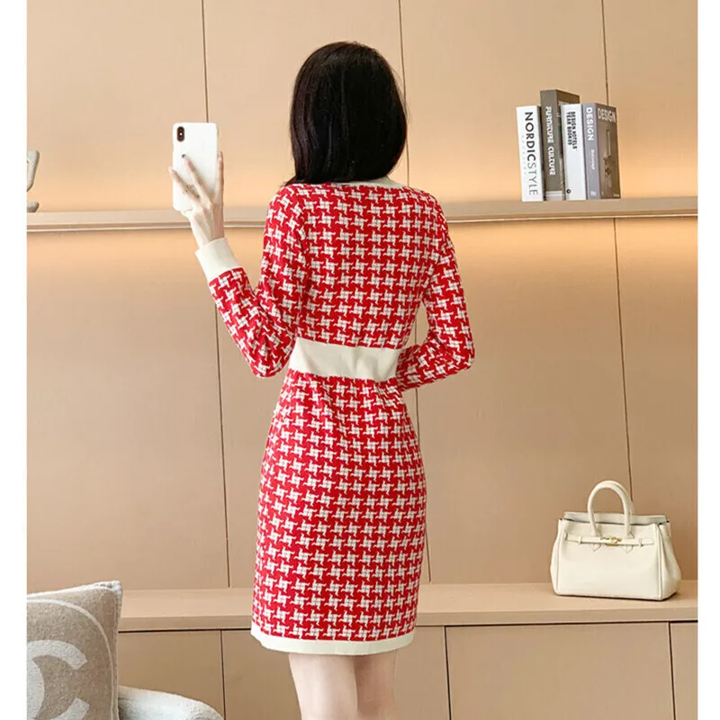 Autumn Women\'s Long sleeved Red Dress High Quality Commuter Knitted Dress