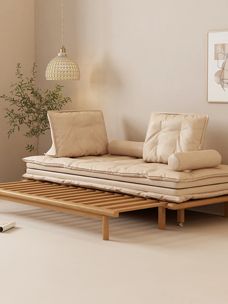 Cream Style Solid Wood Sofa Bed Foldable Dual-Purpose Living Room Small Apartment Modern Minimalist