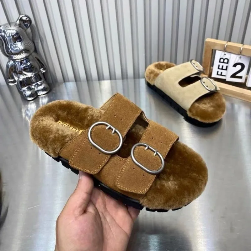 New Women Flats Slides Slippers Leather Low Heels Autumn Winter Shoes Fashion Casual Warm Open Toe Fur Slippers Zapatos Mujer
