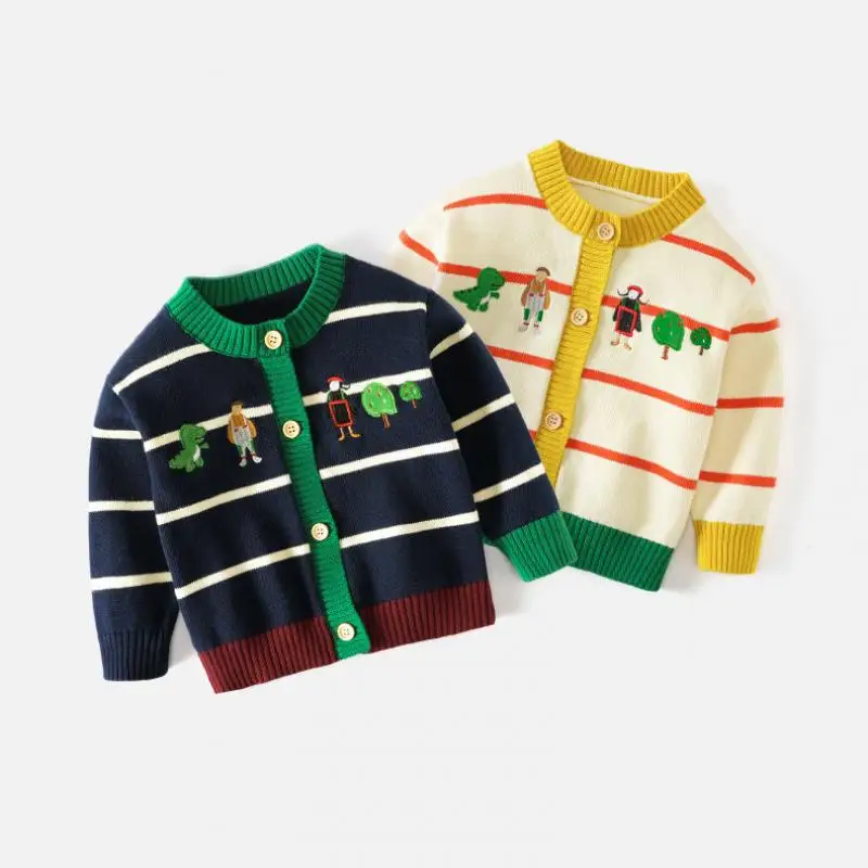 2024 Boys Striped Knitted Sweater Autumn Children Korean Knitting Cardigan Cartoon Embroidered Round Neck Sweaters Thin Coat